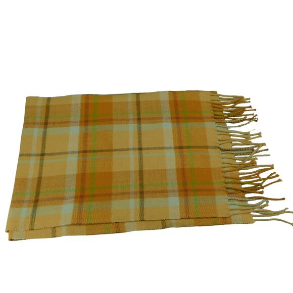 Cashmere 100%  Plaid Scarf Fringe with tones of Yellow, Brown, Cream and Green - Picture 9 of 11